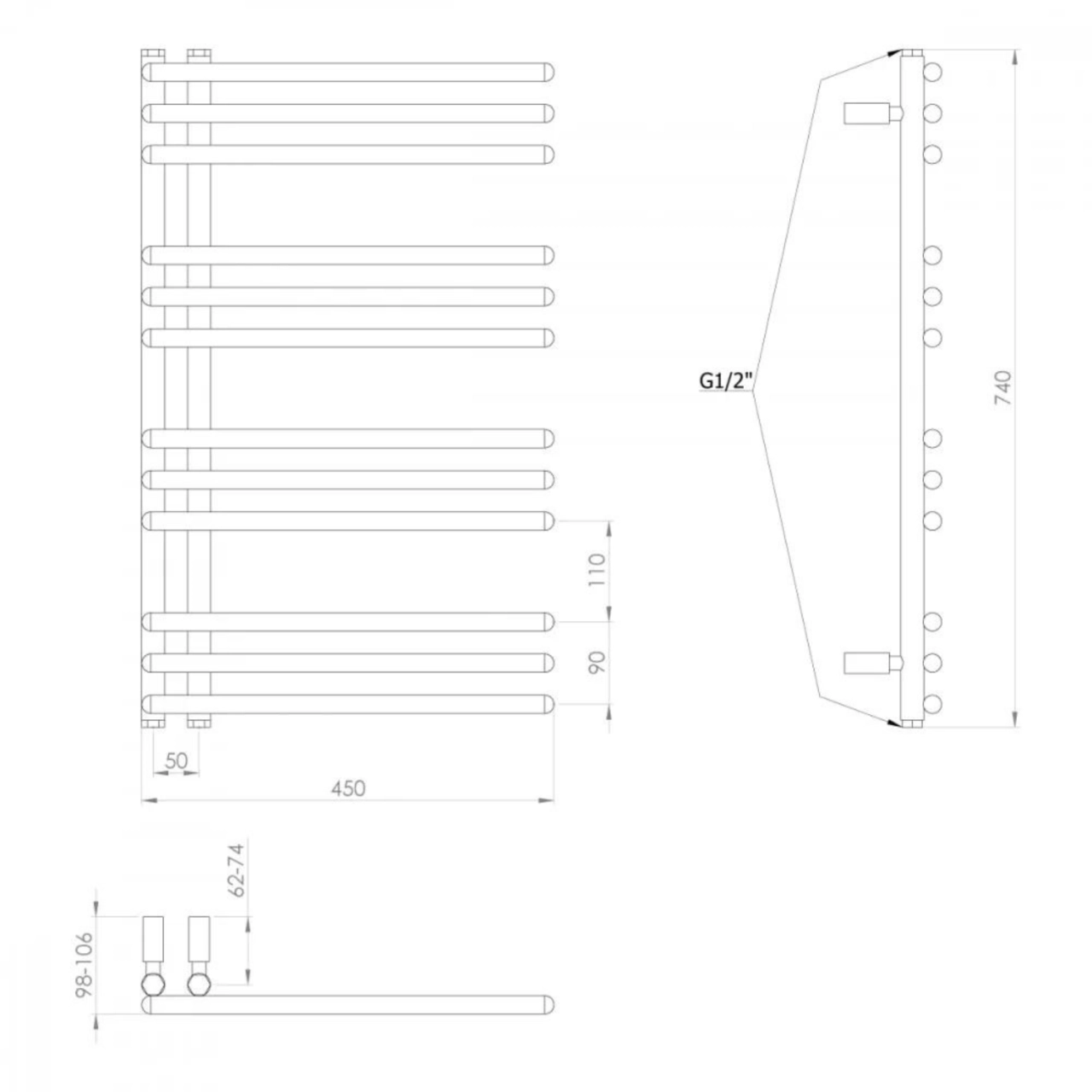 Aqualine Poseidon 450x740 törölközőszárítos radiátor, fehér (PS474)