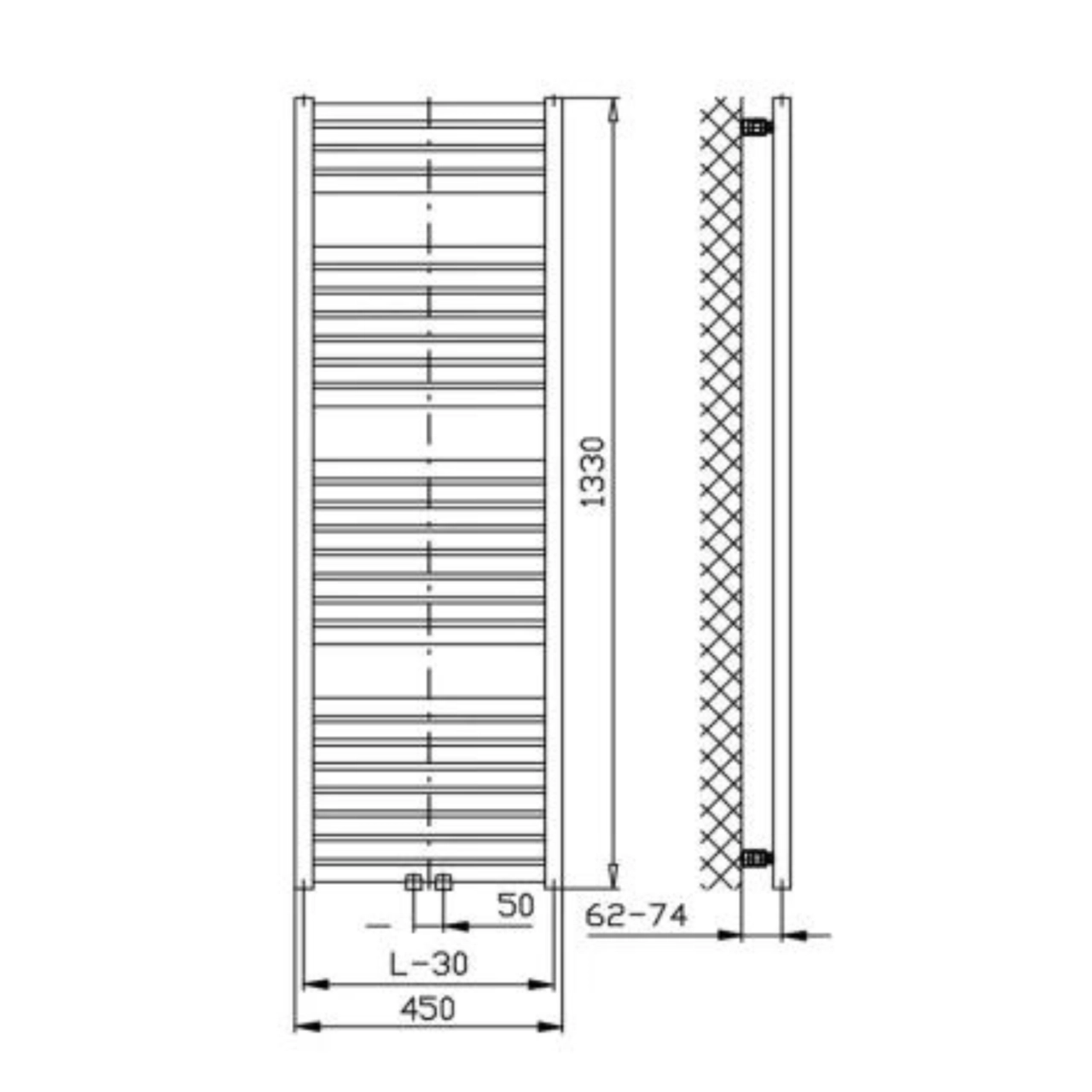 Aqualine Tondi 450x1330 törölközőszárítos radiátor, matt fekete (DT476T)